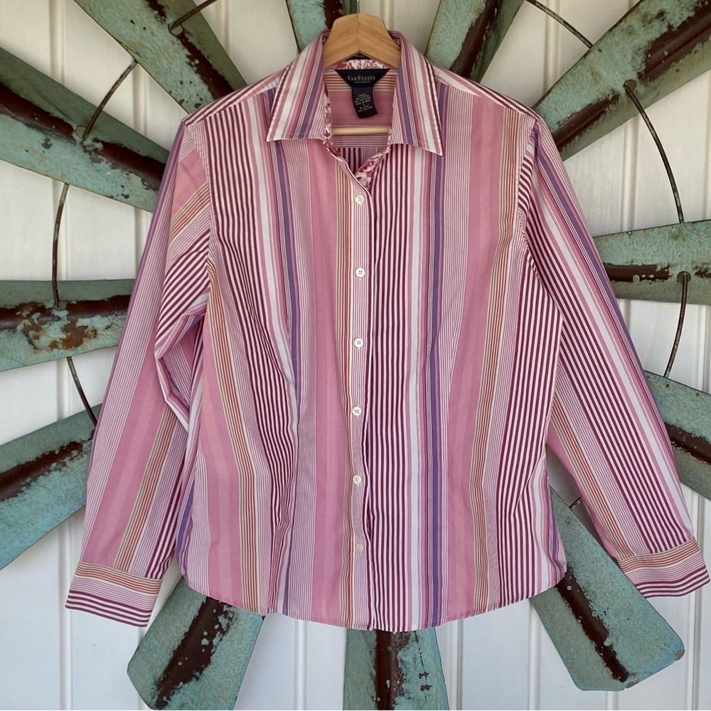 Van Heusen Shirt Womens Large Pink Multicolor Striped Button Up Long Sleeve Top